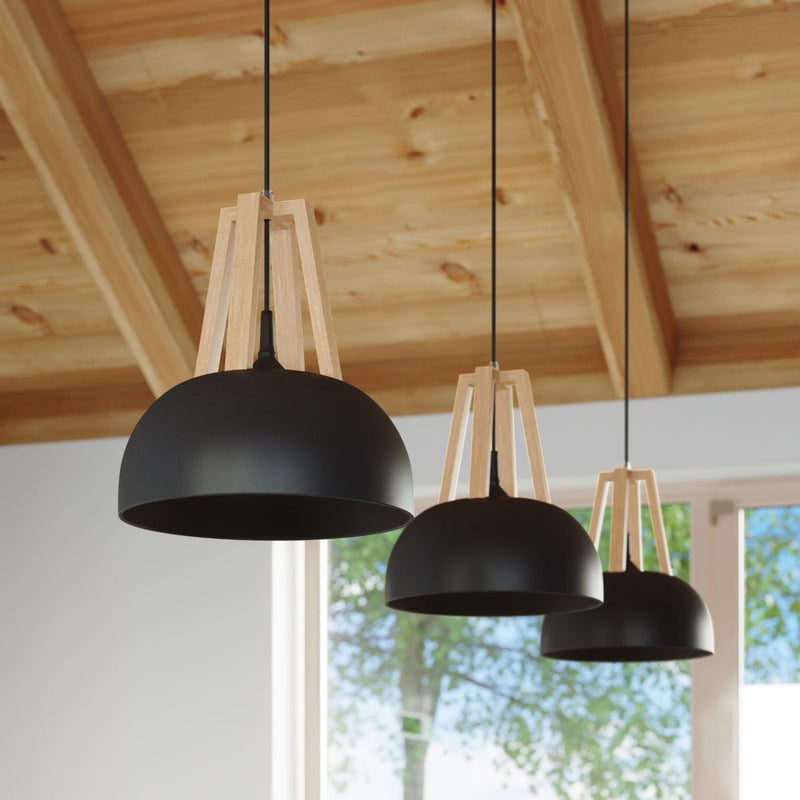 Lampe pendante Dôme noir/bois naturel