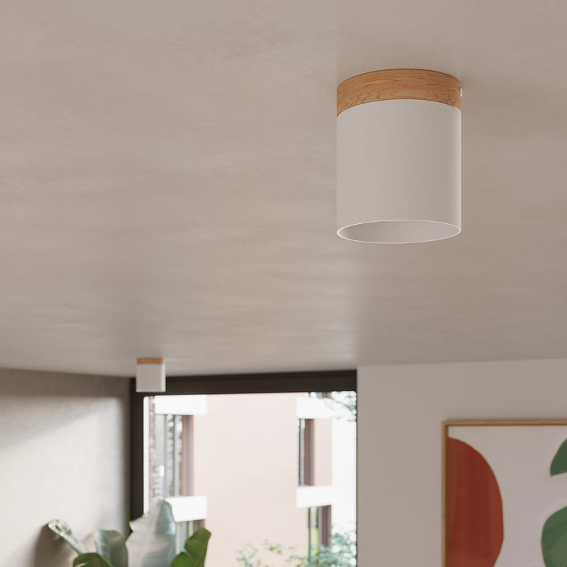 Plafonnier Cylindre Bois et Acier blanc