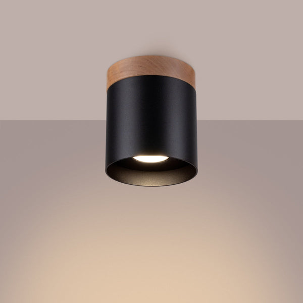 Plafonnier Cylindre Bois et Acier noir