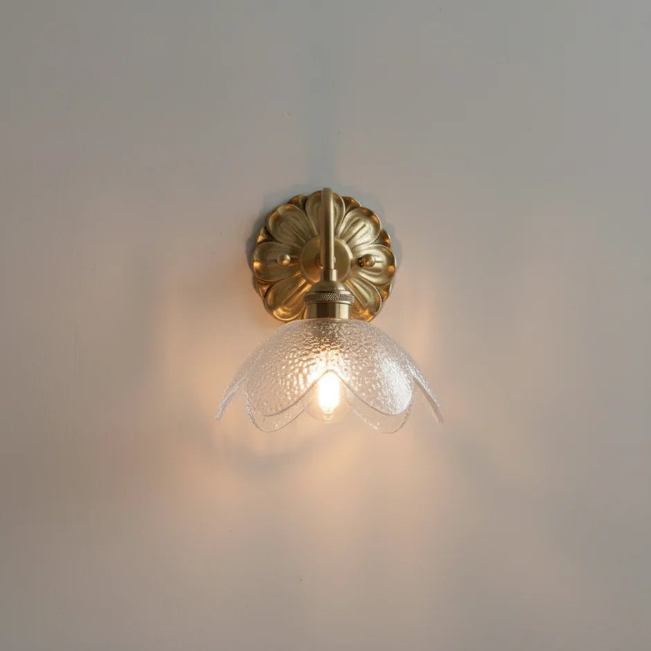 Vintage wall lamp with transparent floral glass and brass