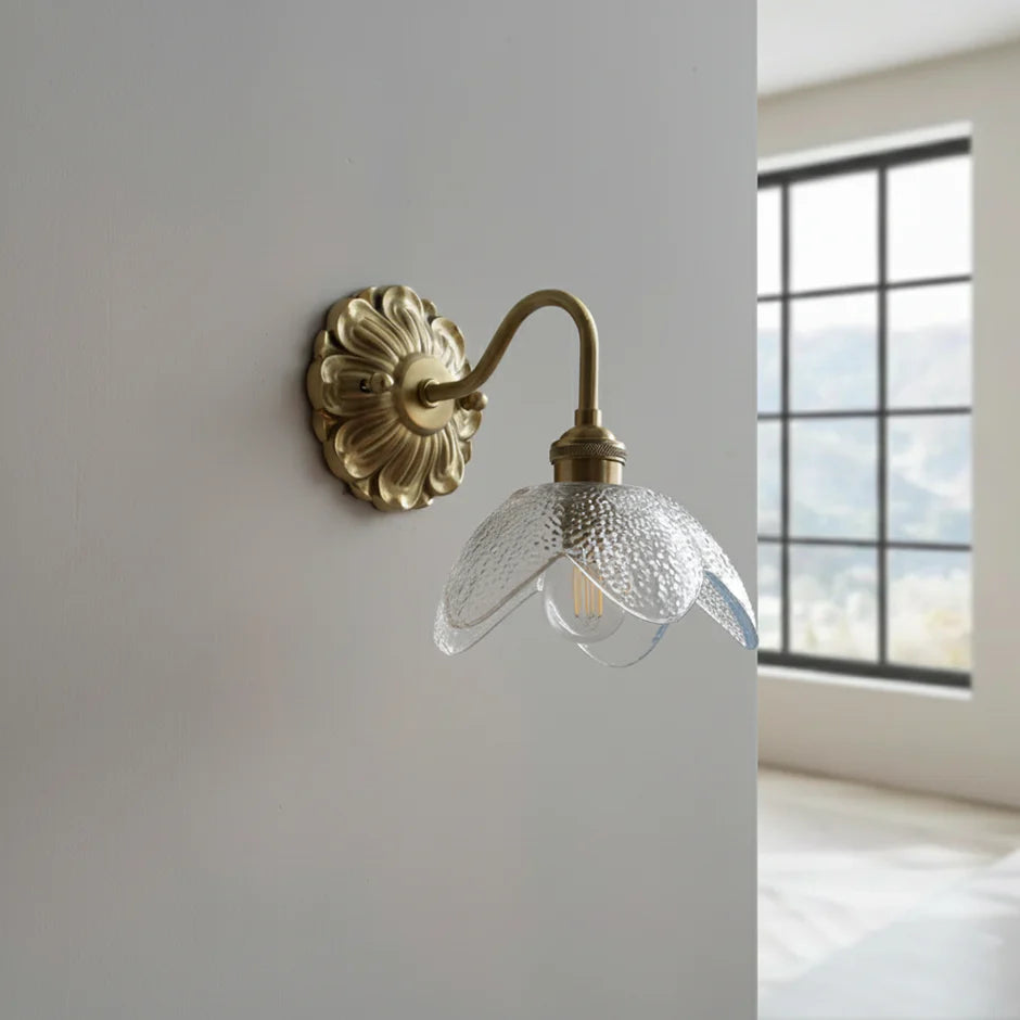 Vintage wall lamp with transparent floral glass and brass
