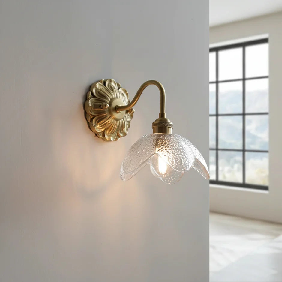 Vintage wall lamp with transparent floral glass and brass