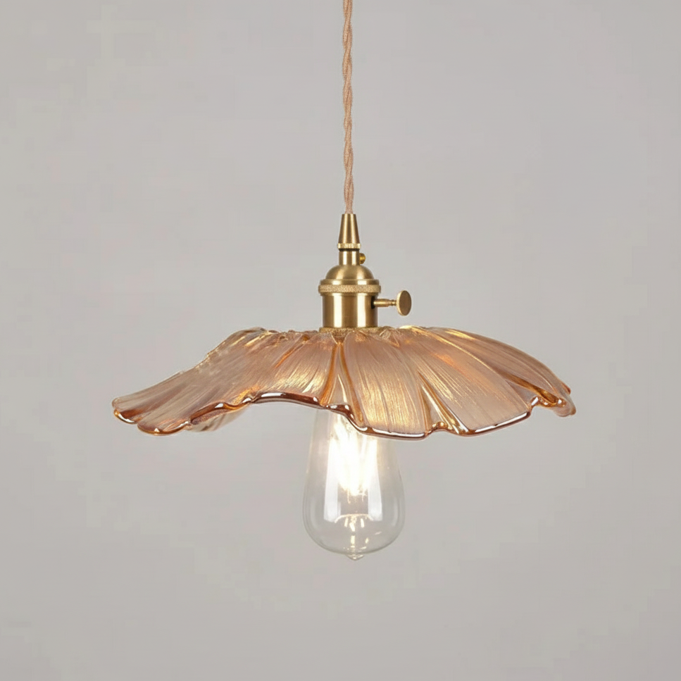 Vintage copper pendant lamp with textured floral glass shade