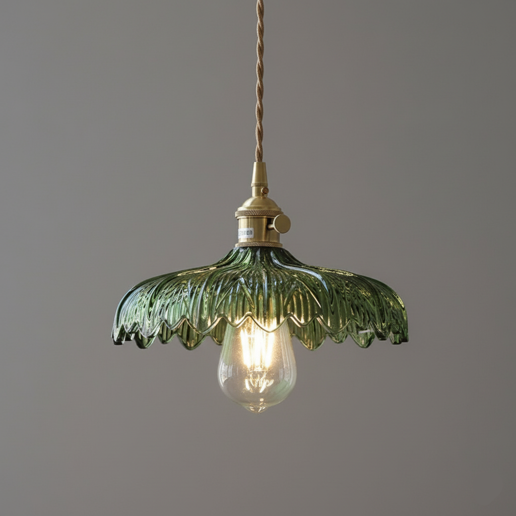 Green vintage glass pendant light with fine wavy edge &amp; brass