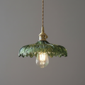 Green vintage glass pendant light with fine wavy edge &amp; brass