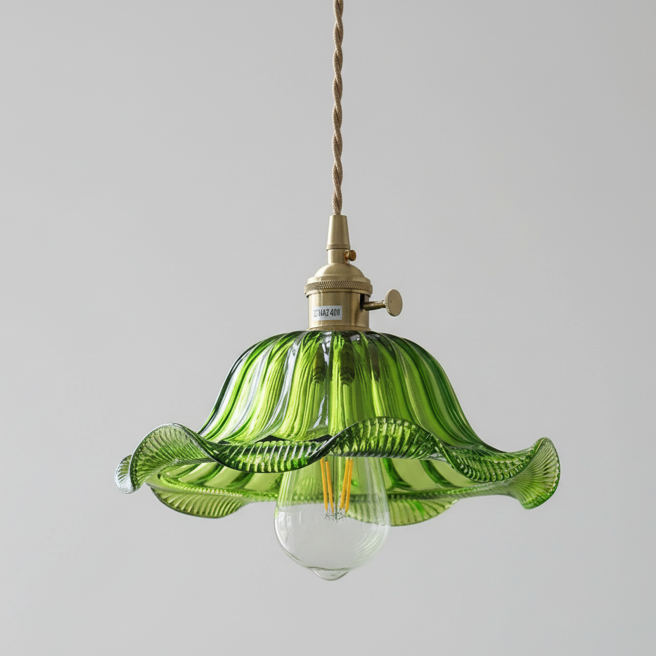Vintage copper pendant lamp with green wave glass shade
