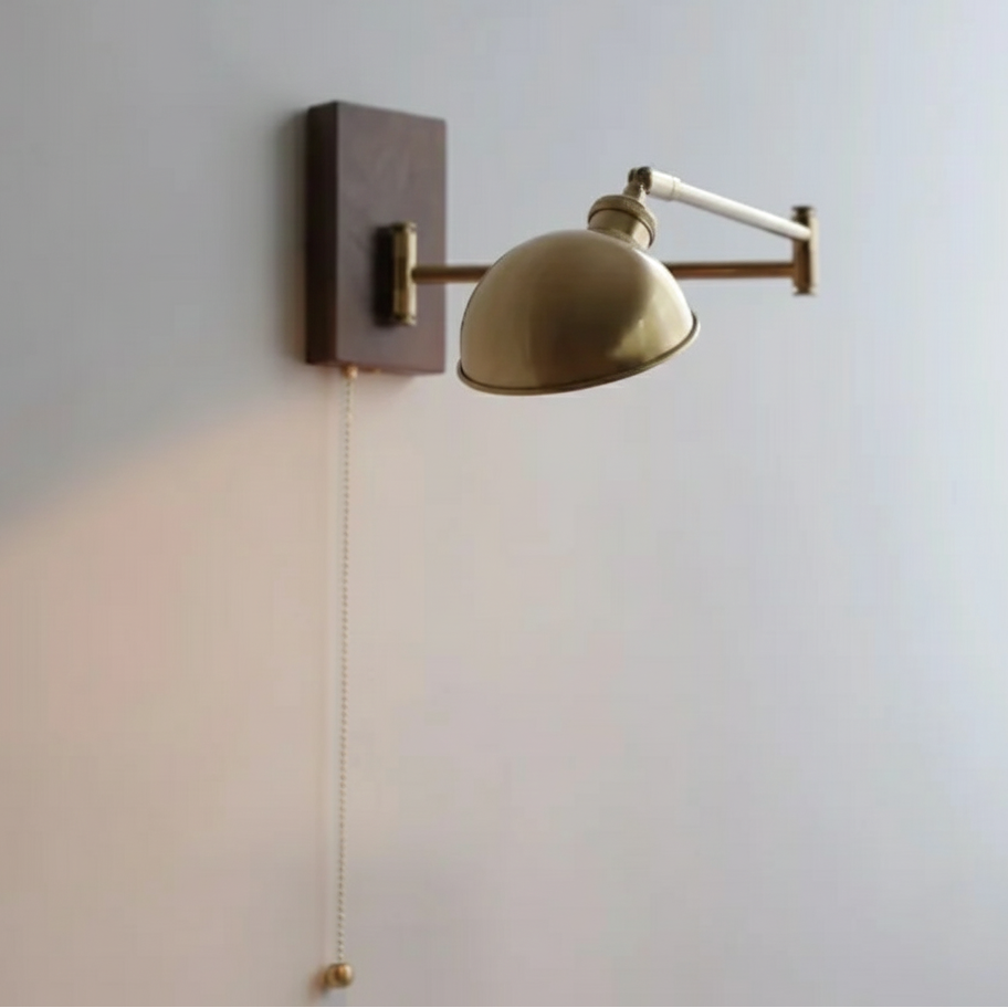 Vintage wall lamp made of walnut wood with swiveling copper arm