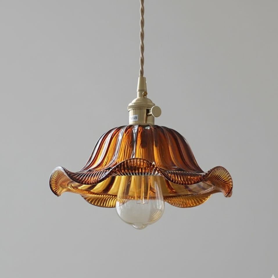 Vintage copper pendant lamp with amber-colored wave glass shade