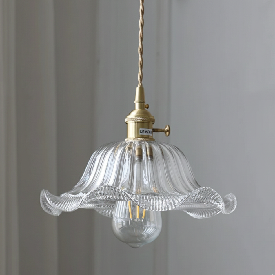 Vintage copper pendant light with a wave-shaped glass shade