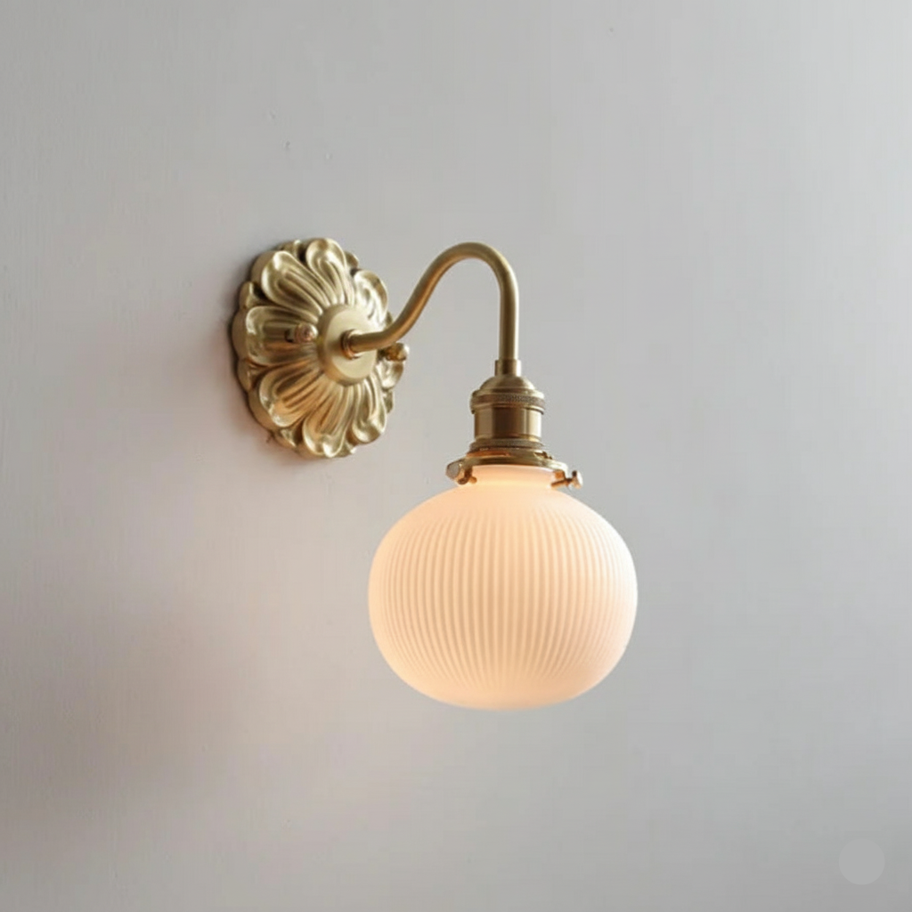 Vintage wall lamp with ribbed glass and warm brass arm
