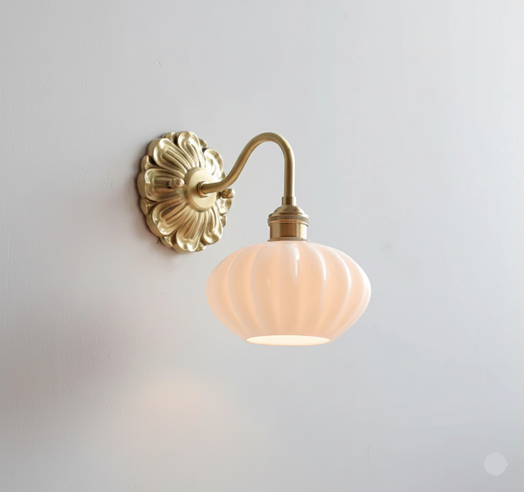 Vintage wall lamp with gently grooved opal glass and brass arm