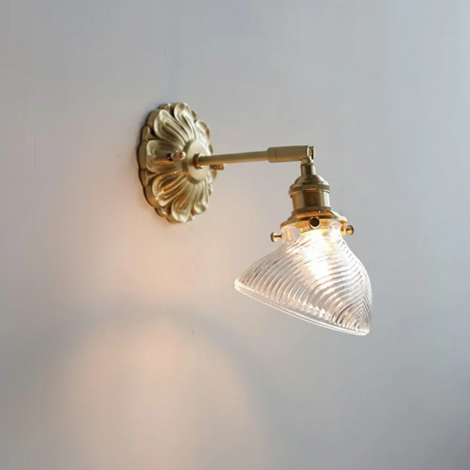 Vintage wall lamp with ribbed clear glass and rotating brass arm