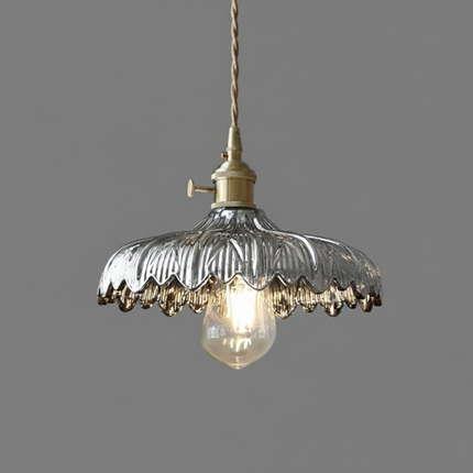 Vintage Glas-Hängeleuchte mit silbernem Wellenrand & Messingfassung