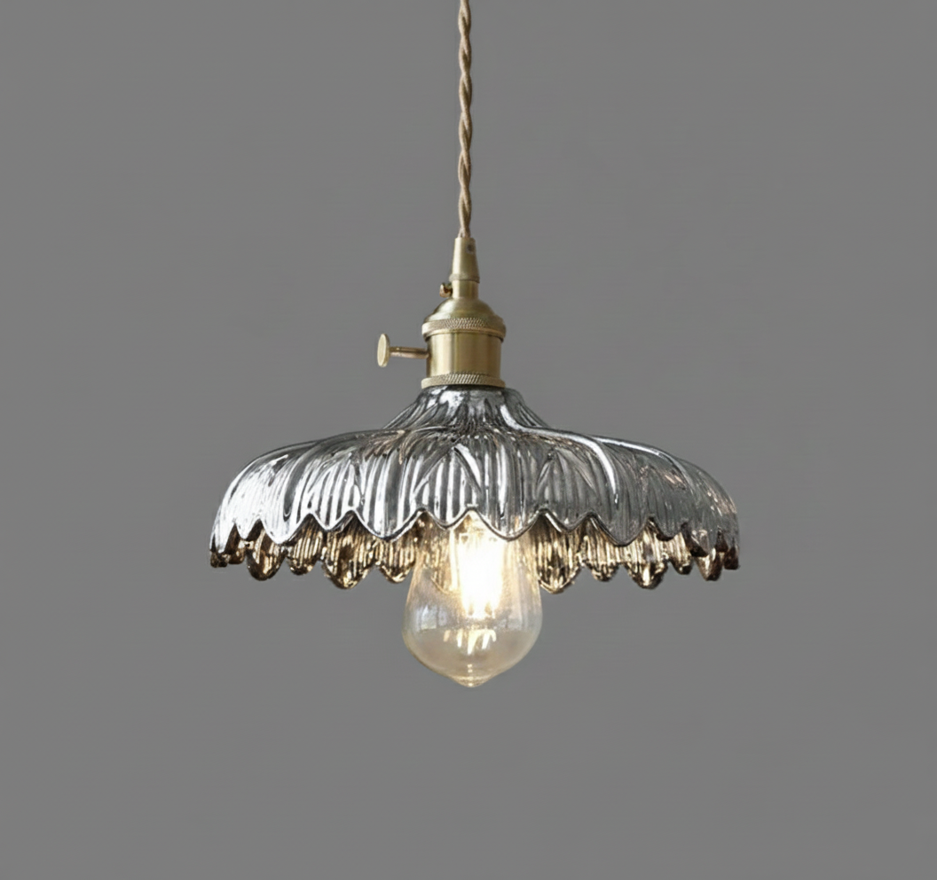 Vintage glass pendant light with silver wavy edge and brass socket
