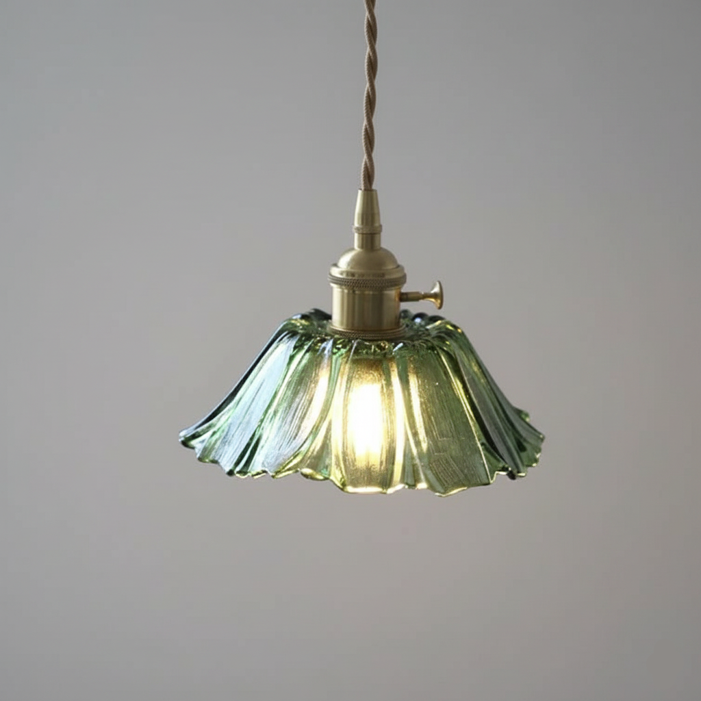 Vintage Hängeleuchte aus geriffeltem Glas mit Messingfassung