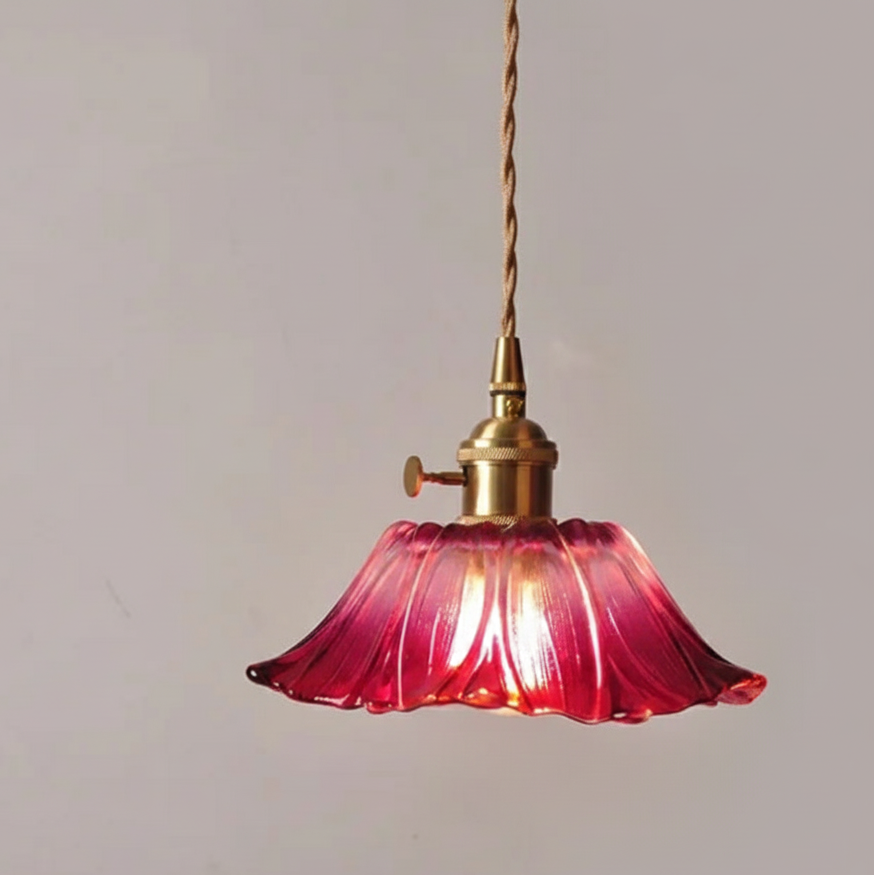 Vintage glass pendant lamp with brass details in warm red
