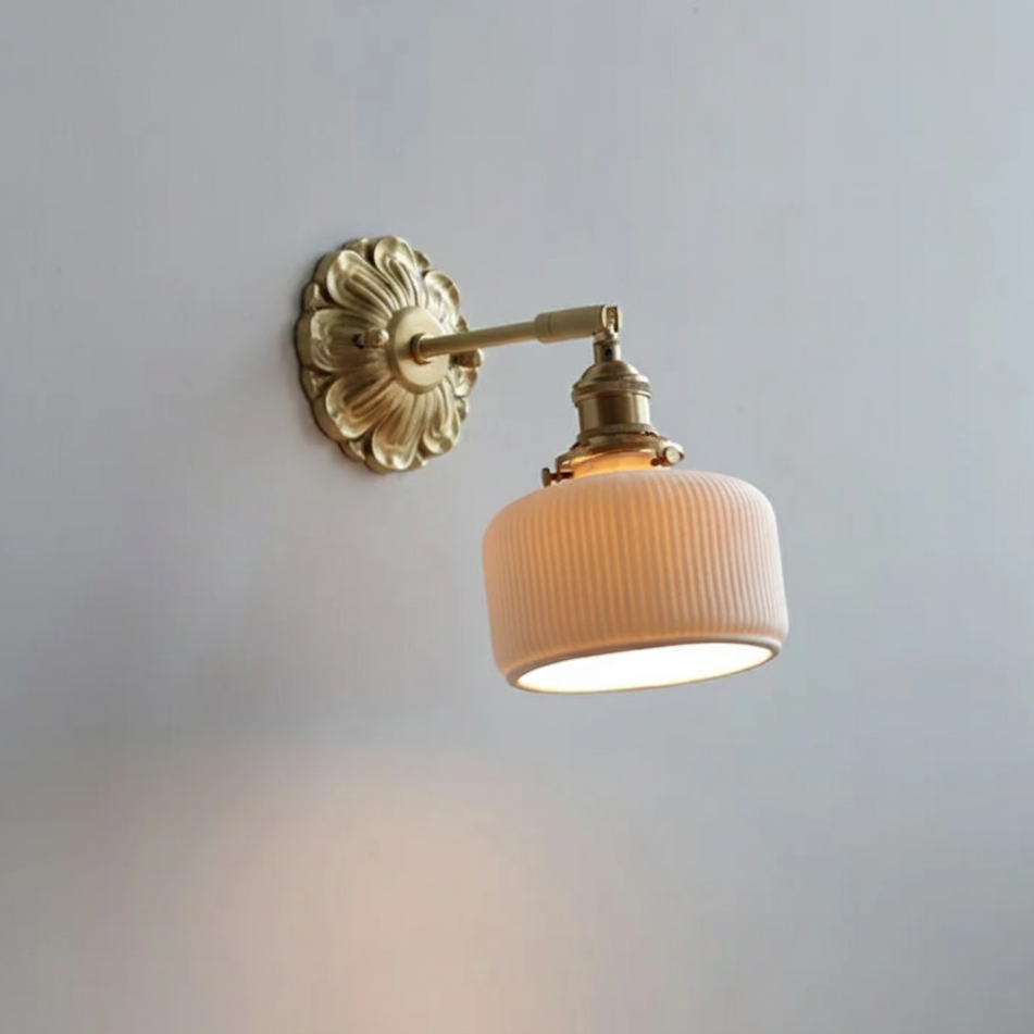 Vintage wall lamp with ribbed opal glass and rotating brass arm