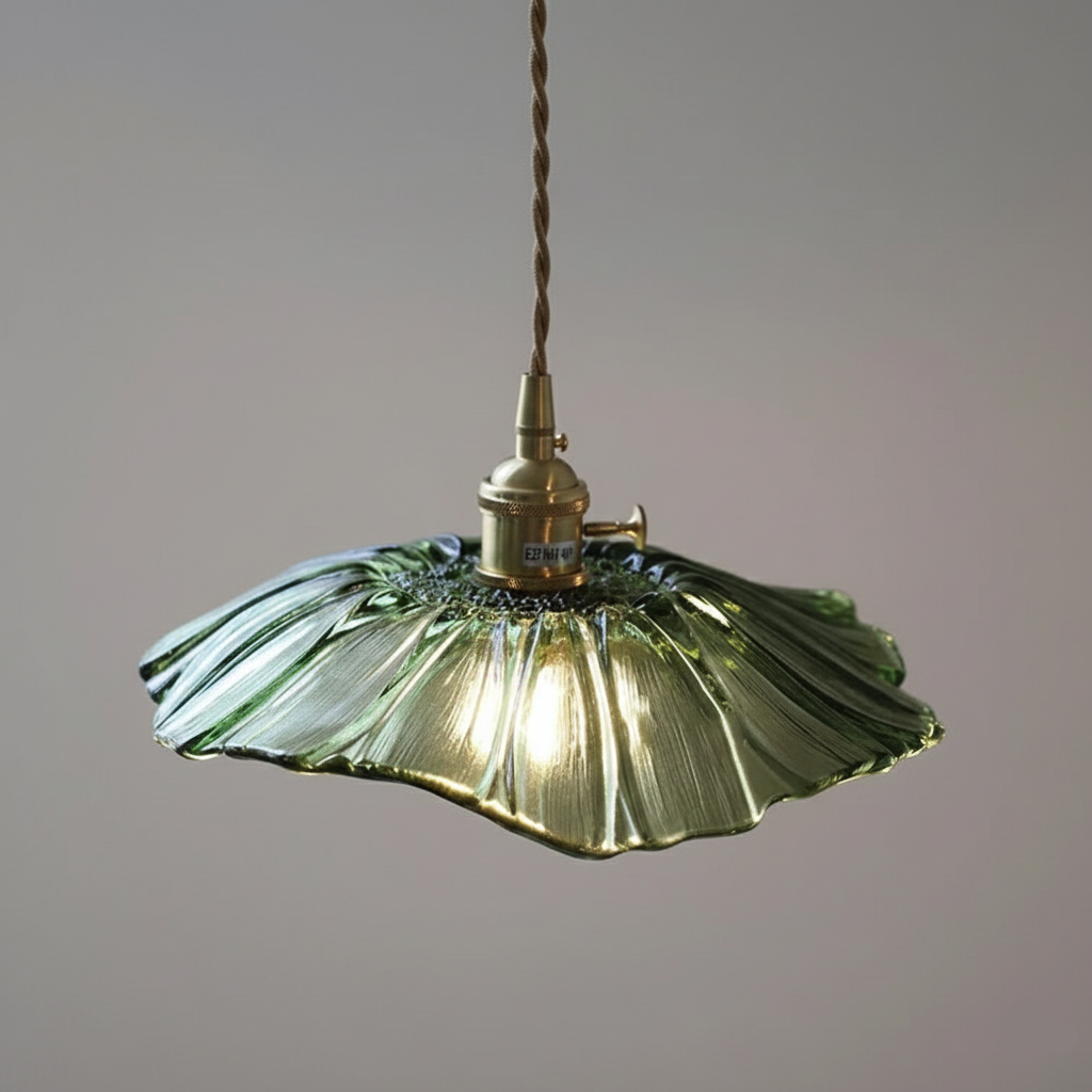 Vintage copper pendant lamp with green floral glass shade