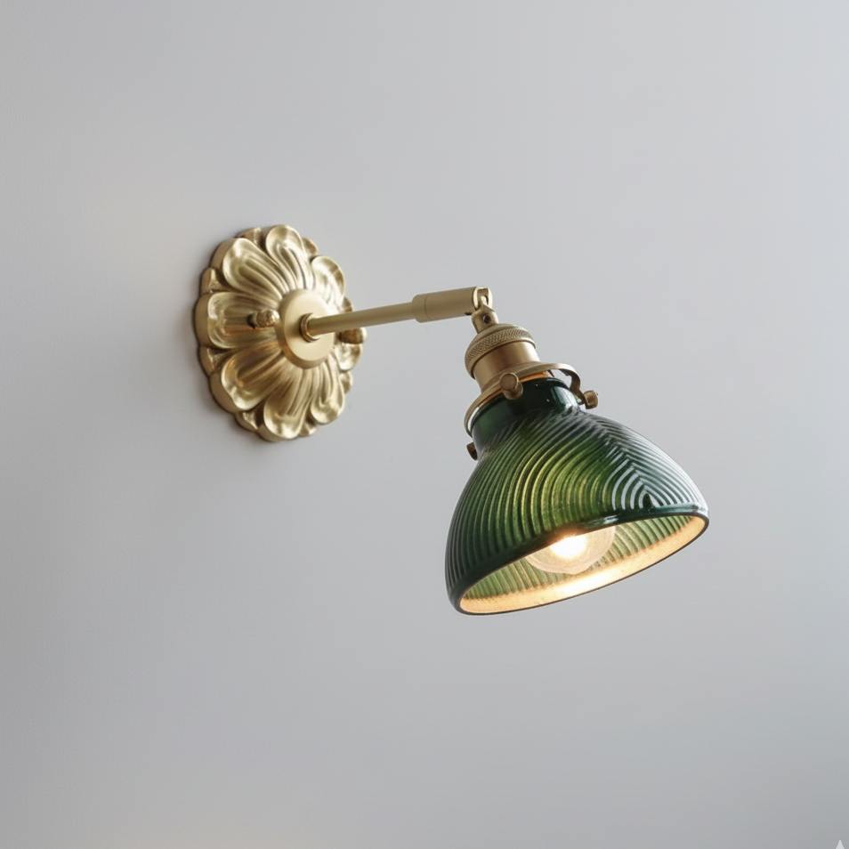 Vintage wall lamp with ribbed colored glass and rotating brass arm