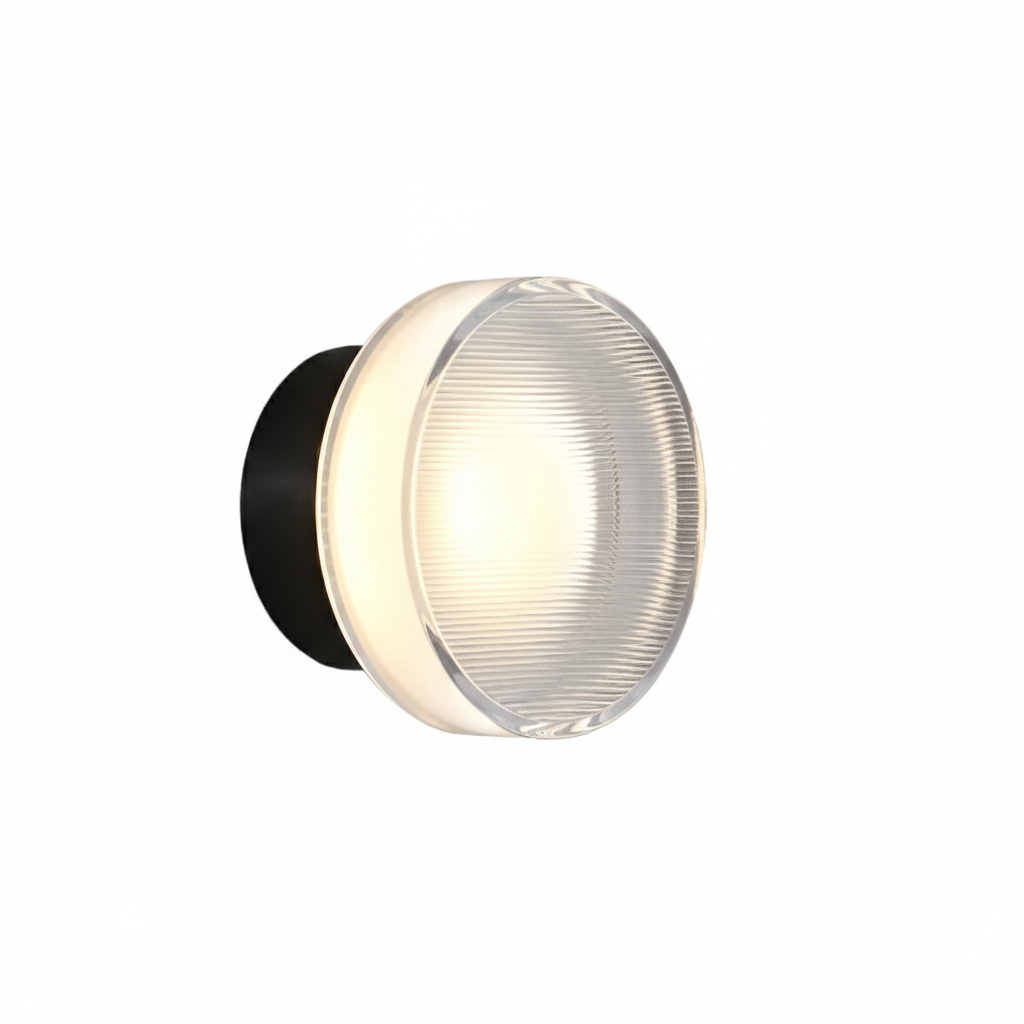 Round acrylic wall lamp with fine grooved light in black
