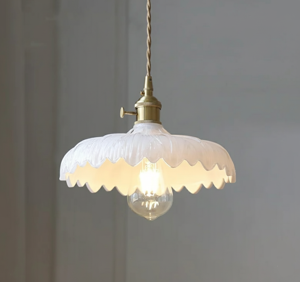 Vintage glass pendant light with white wavy edge and brass socket