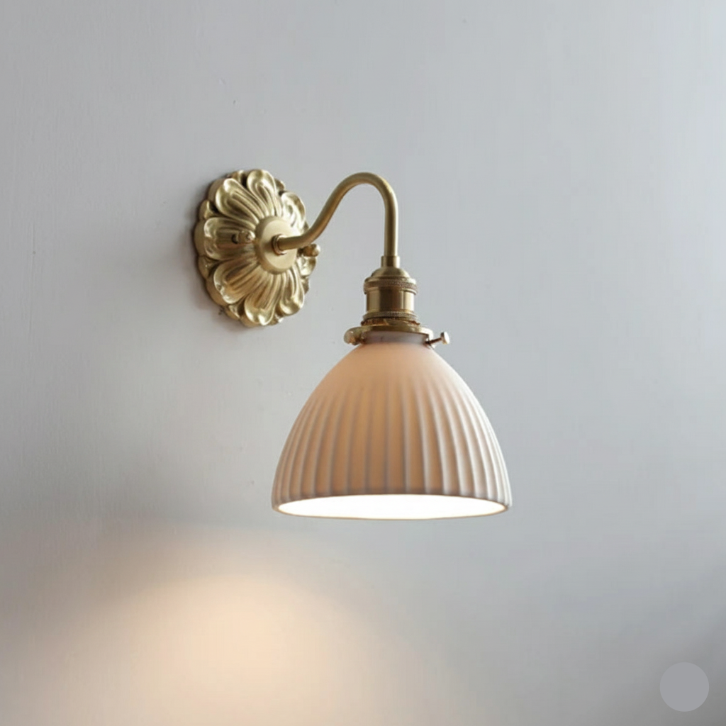 Vintage ceramic wall lamp with textured shade and brass arm