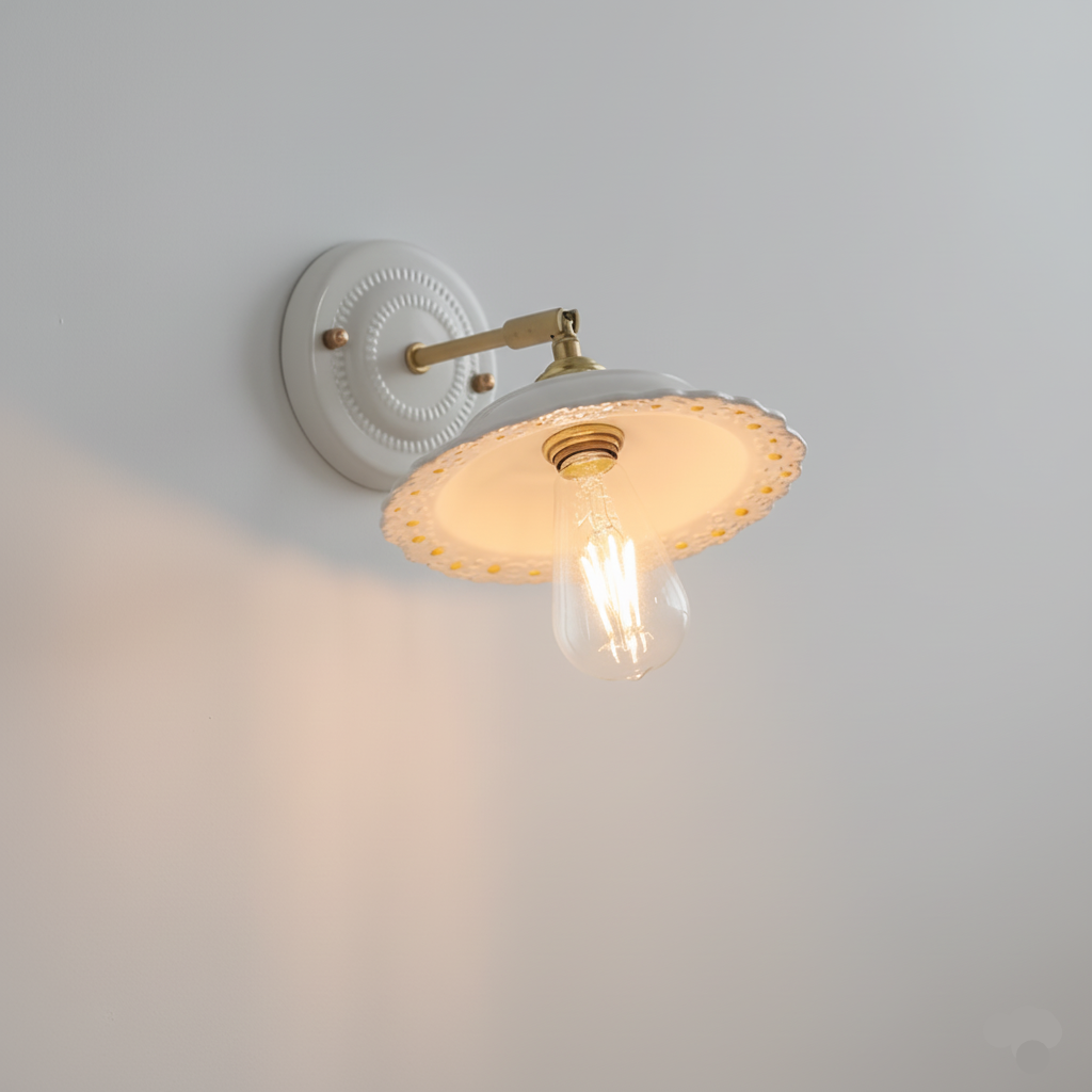 Keramik-Wandleuchte mit breitem Vintage-Tellerschild und flexiblem Kupferarm