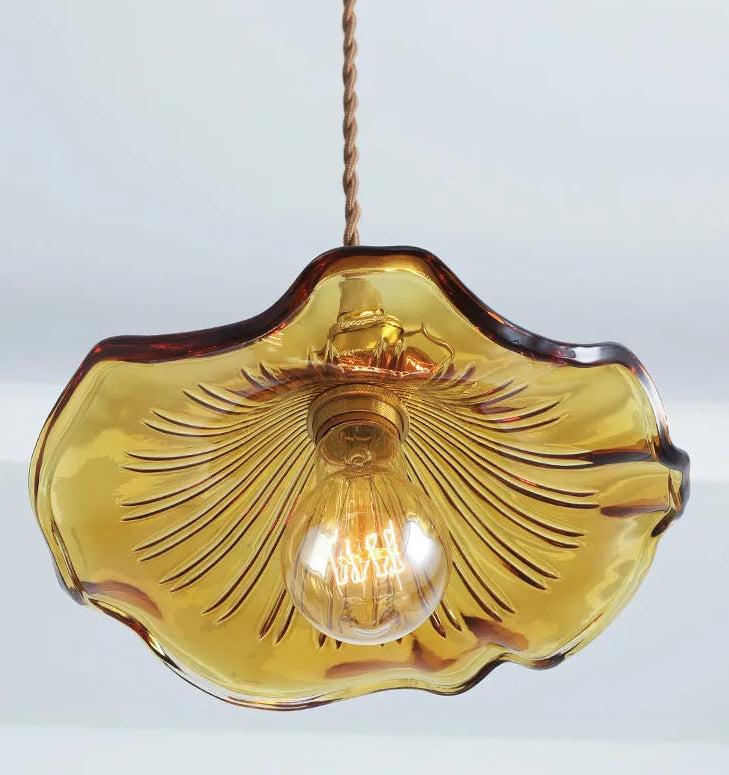 Vintage pendant lamp made of wavy glass and warm brass