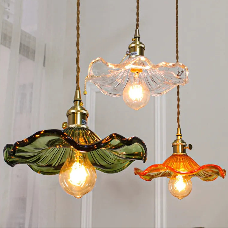 Champagne-colored vintage pendant lamp made of wavy glass