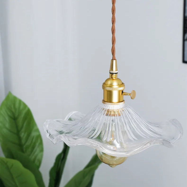 Champagne-colored vintage pendant lamp made of wavy glass