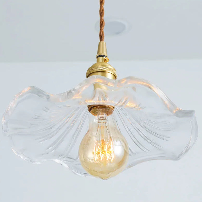 Champagne-colored vintage pendant lamp made of wavy glass