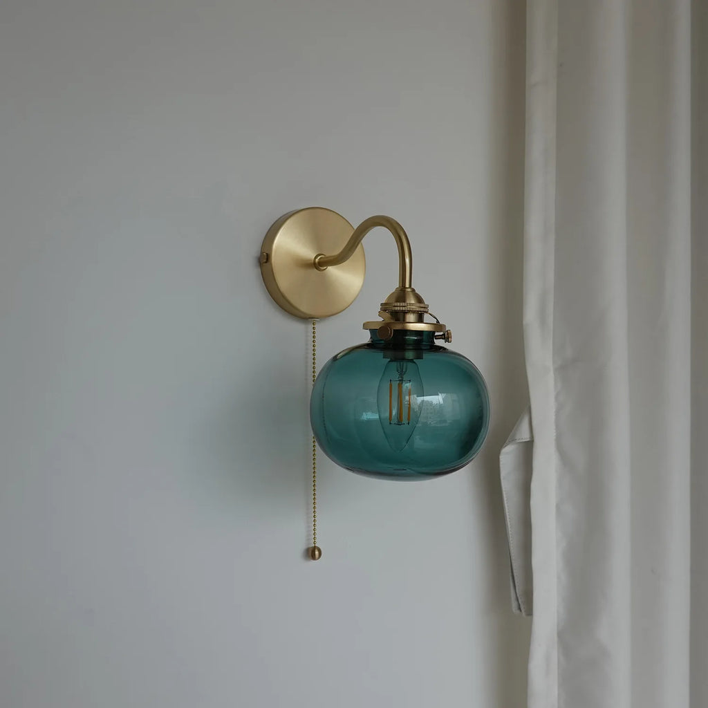 Blue-green glass ball wall lamp with pull switch &amp; elegant brass arc