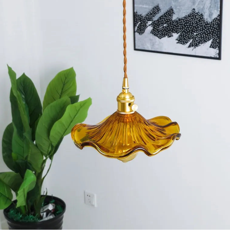 Vintage pendant lamp made of wavy glass and warm brass