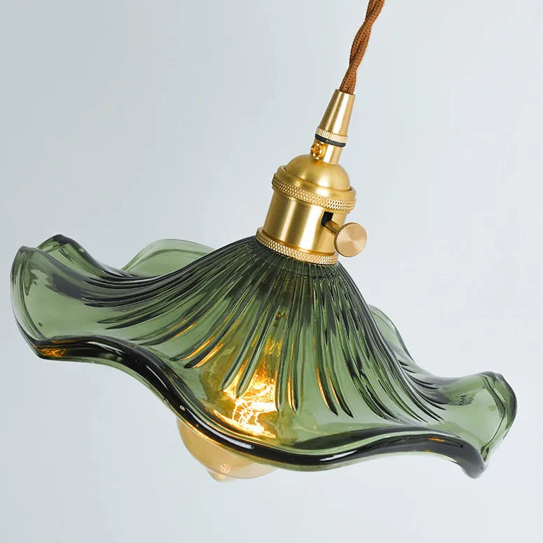 Vintage pendant light made of wavy glass and copper accents