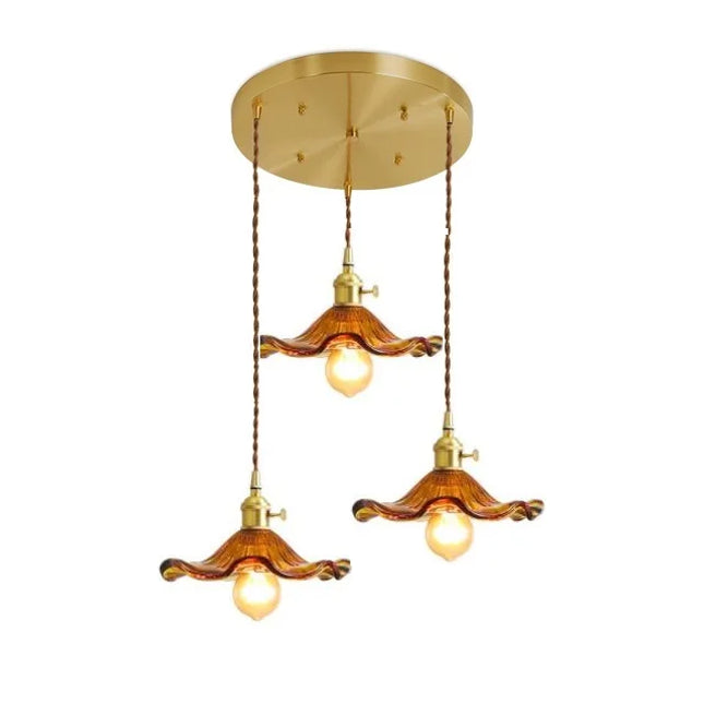 Dreiflammige Bernstein-Glas Hängeleuchte im eleganten Vintage-Stil