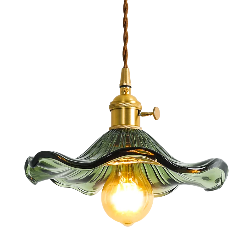 Vintage pendant light made of wavy glass and copper accents