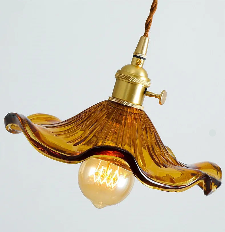 Vintage pendant lamp made of wavy glass and warm brass