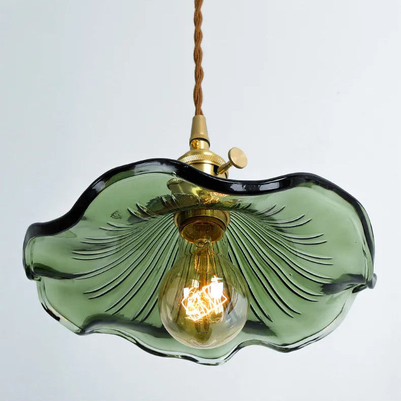 Vintage pendant light made of wavy glass and copper accents