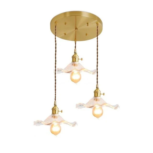 Vintage three-light pendant lamp made of corrugated glass and brass