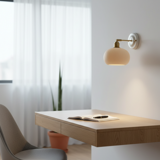 Wandleuchte mit rundem Keramikrippenschirm und Messingarm