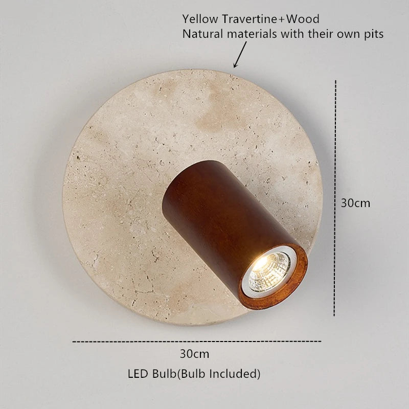 Large travertine wall lamp with rotating wooden cylinder spotlight
