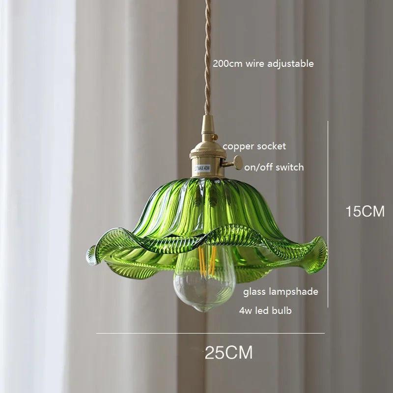 Vintage copper pendant lamp with green wave glass shade