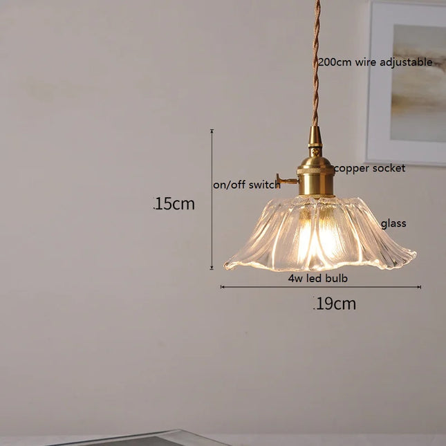 Vintage Hängeleuchte aus Kupfer mit gewelltem Glasschirm