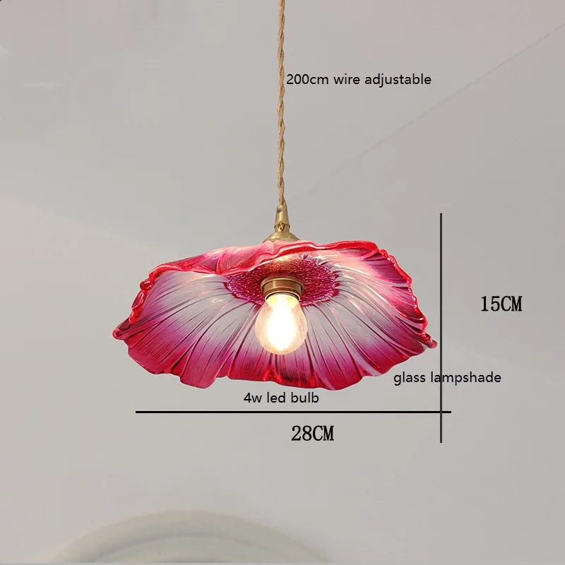 Vintage copper pendant lamp with red floral glass shade