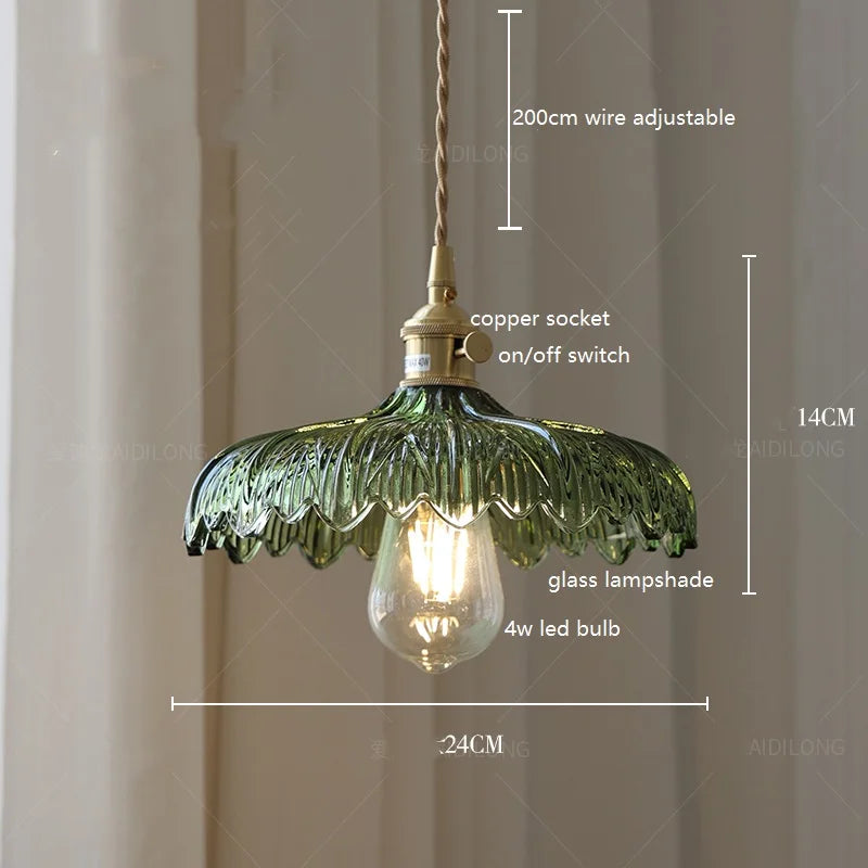 Green vintage glass pendant light with fine wavy edge &amp; brass