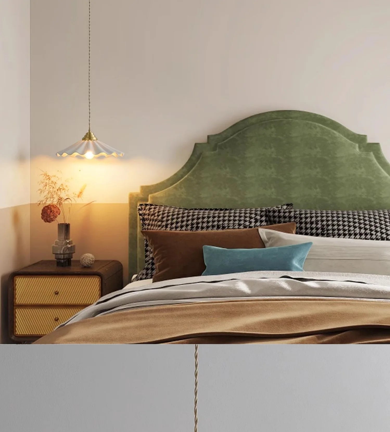 Large ceramic pendant light with a wavy vintage shade in copper.