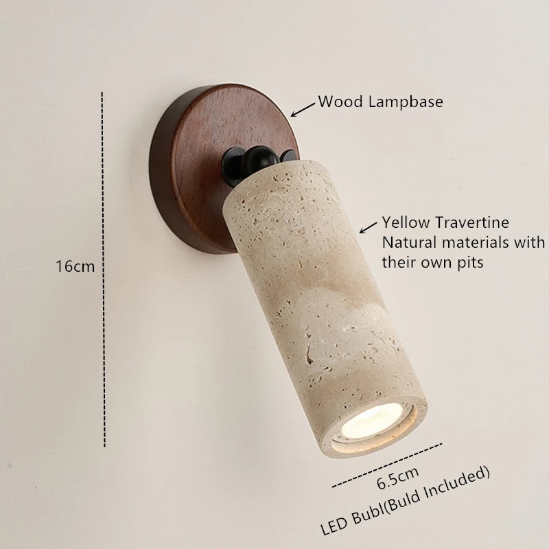 Travertine wall lamp with rotating cylinder and wooden base