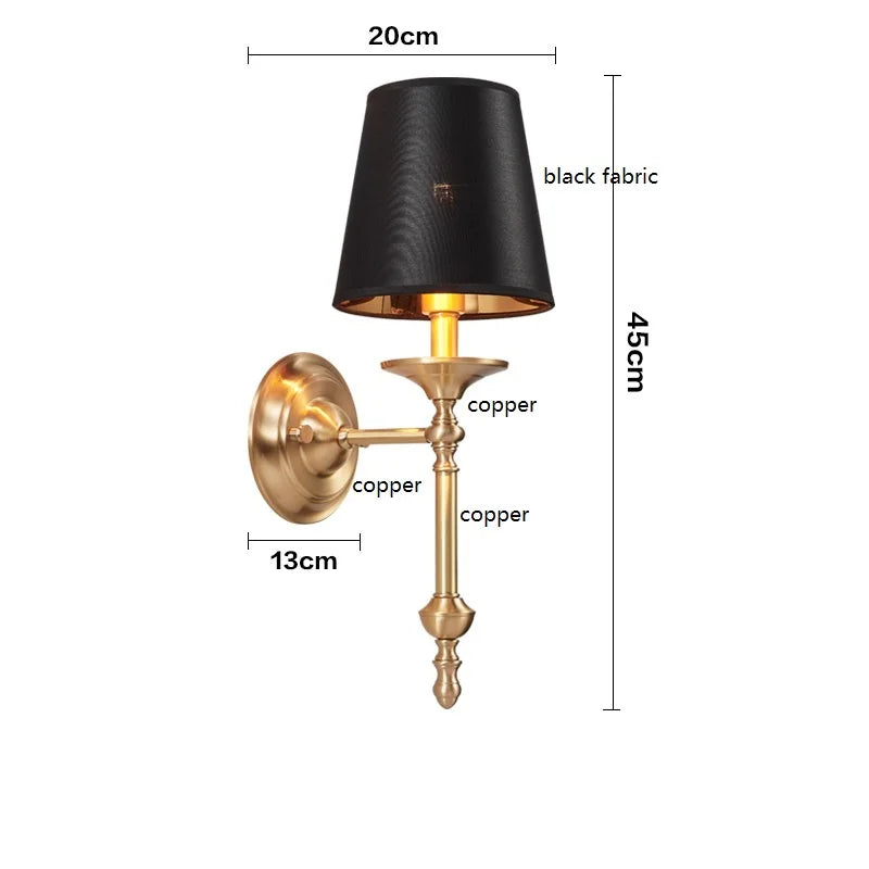 Vintage copper wall lamp with black fabric shade