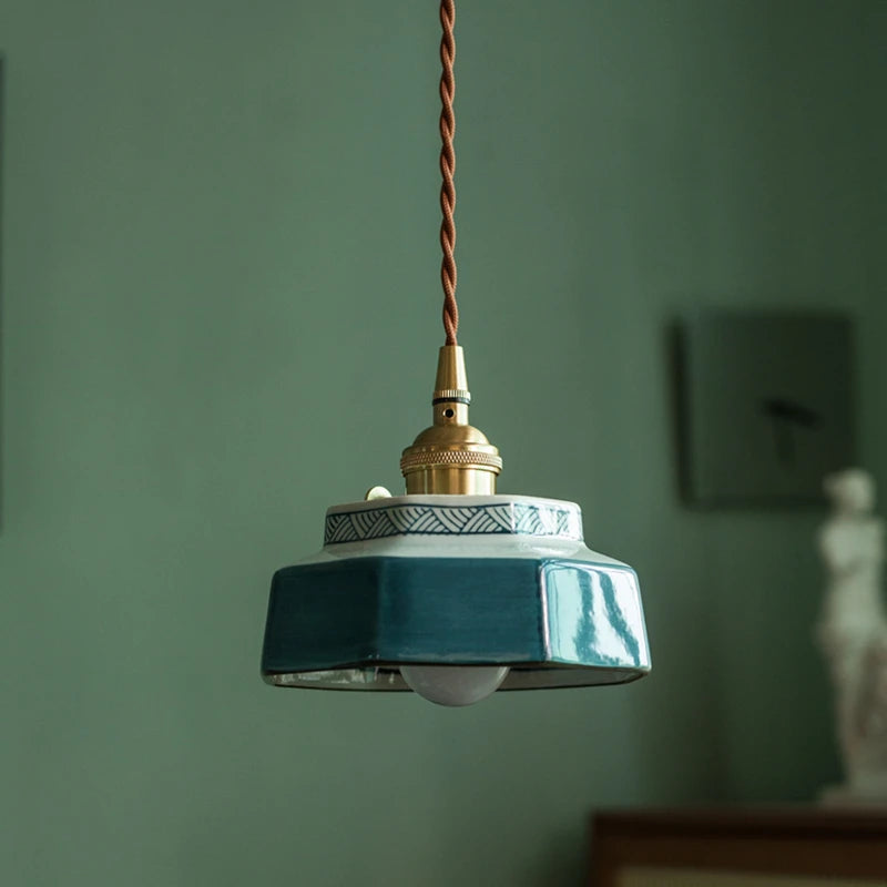Ceramic pendant light with deep blue vintage shade