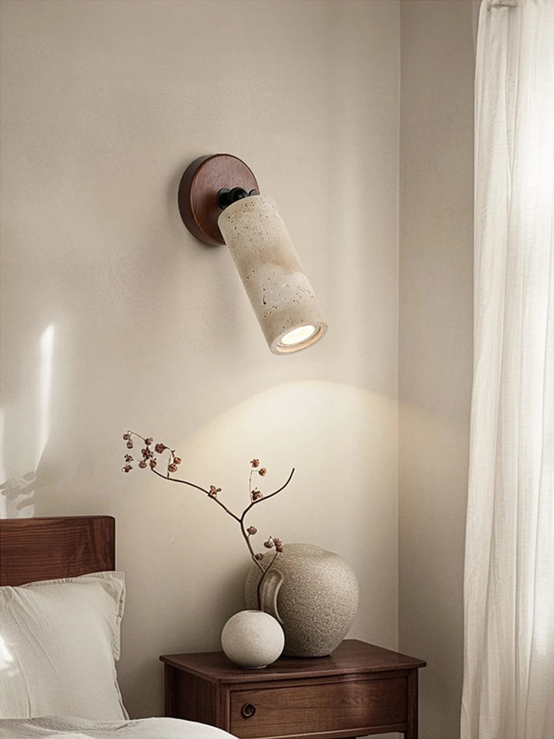 Travertine wall lamp with rotating cylinder and wooden base